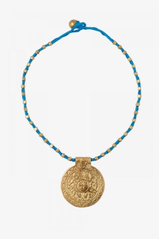 Dhokra Sky Blue Necklace With Round Golden Pendant - Locket