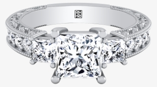 Princess Cut 3-stone Engagement Ring With Scroll Work - Princess Cut