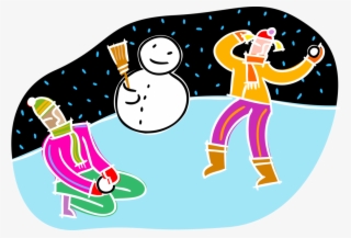 Vector Illustration Of Children Building Snowman Anthropomorphic - Cartoon