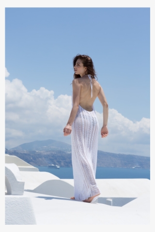 White Cotton Lace Long Gress With Blue Ribbon - White Dress In Santorini