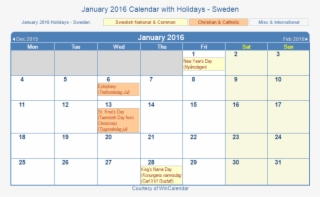 January 2016 Calendar With Swe Holidays - Number