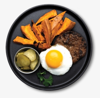 Over Easy Burger With Sweet Potato - Egg And Chips