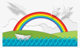 Plane Cartoon With Boat - Paper Boat And Rainbow