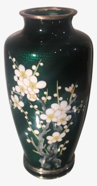 Vintage Japanese Green Cloisonné Vase W Flowers & Bird - Vase