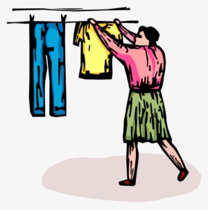 Vector Illustration Of Woman Hangs Clean Clothes To