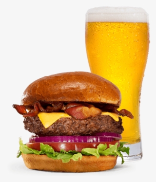 Green Dragon Burger With Beer In Tall Pilsner Glass - Hamburger