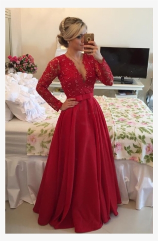 Burgundy Long Sleeve V Neck Lace Beaded Bodice A-line - Long Sleeve Lace Deep V Red Dress
