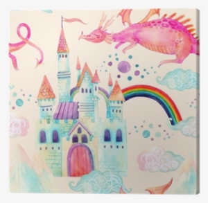 Watercolor Fairy Tale Seamless Pattern With Cute Dragon, - Cute Dragon And Castle