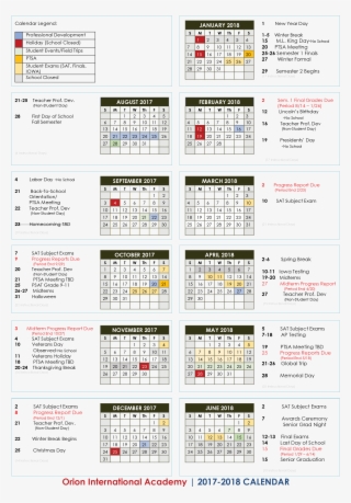 2017 2018 Academic Calendar Orion International Academy - Calendar Elementary School 2017