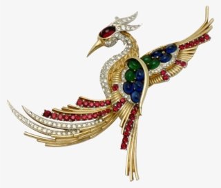 Boucher Vintage Phoenix Bird Rhinestone Cabochon Brooch - Peafowl