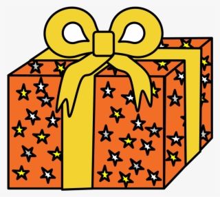 Gift, Orange Wrapping Paper, Yellow Ribbon, Stars,