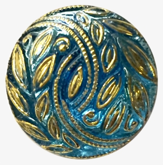 Sky Blue With Gold Laurel Leaves Czech Glass Button - Gemstone