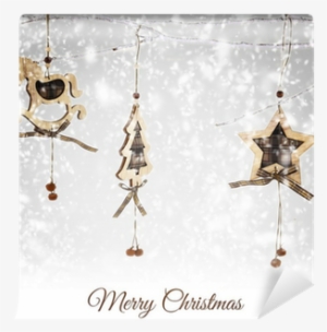 Christmas Wooden Ornaments Hanging On Snowy Branch - Wood