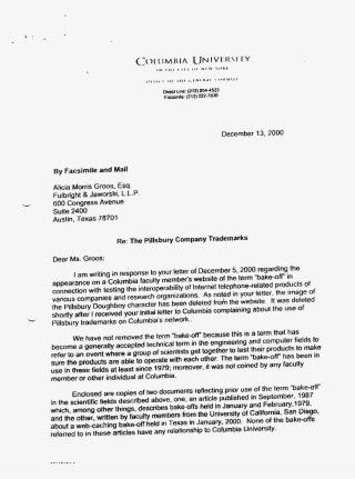 Letter From Columbia To Pillsbury, - Document