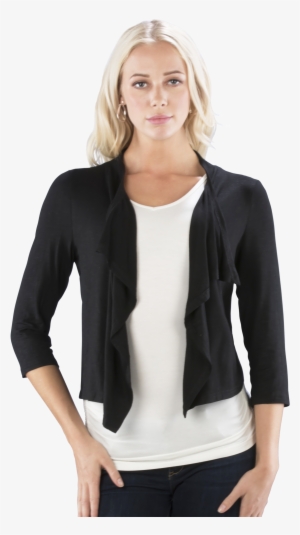 ruffled slub shrug with double ruched back- black top - top