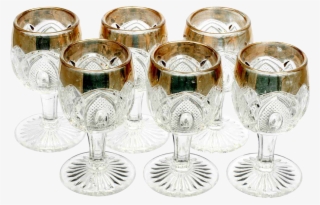 Eapg New Hampshire Wine Glasses Set Of 6 Gold Trim - Champagne Stemware