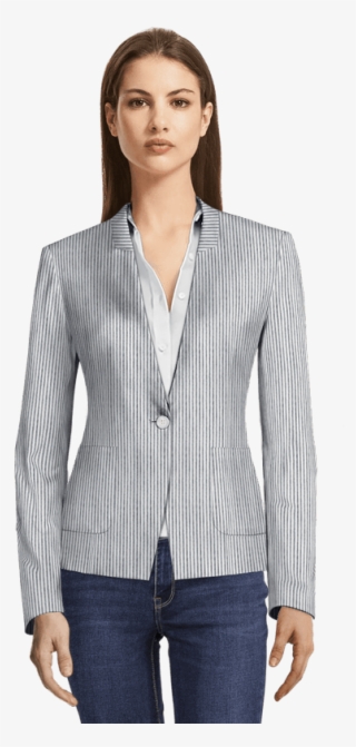 Grey Short Striped Seersucker Blazer Without Lapels-view - Lapel