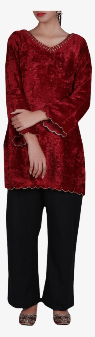 Red Flare Sleeved Zari Embroidered Chenille Kurta - Velvet