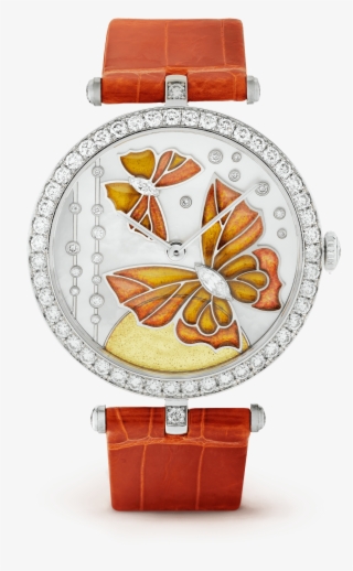 Lady Arpels Papillon Orange Solaire Watch,shiny Alligator, - Van Cleef And Arpels Plique A Jour