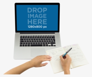 Top Shot Macbook Png Mockup Featuring A Woman Writing - Document