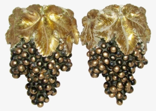 Vintage Mid Century Italian Gold Leaf Black Grape Cluster - Earrings