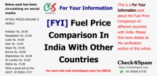 [fyi] Fuel Price Comparison In India With Other Countries - Petrol Price Around D World