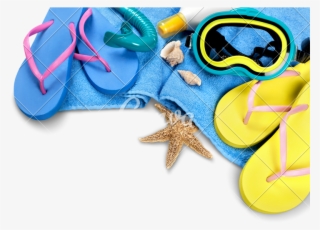 Flip-flops, Towel, Sun Cream, Diving Mask And Seashells - Marine Invertebrates
