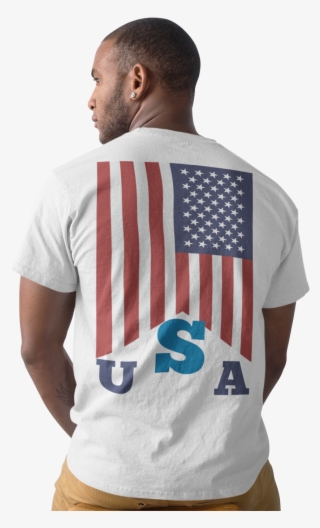 American Flag Black And White - White T Shirt Back Black Man