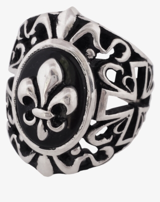 New- Fleur De Lis On Onyx Gothic Biker Ring In Sterling - Titanium Ring