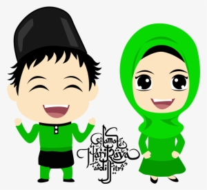 Cartoon Raya Aidilfitri Green Hijab Cartoon - Couple Muslim Cartoon Png