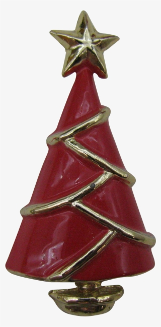 Modern Red Enameled Christmas Tree Pin - Christmas Tree