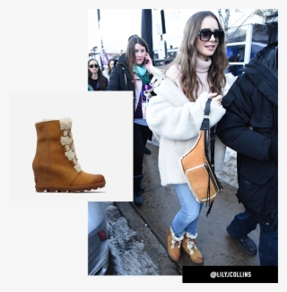 Lily Collins Wearing Joan Wedge Shearling Boots While - Girl