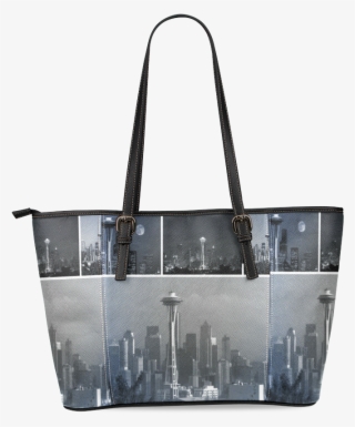 Grey Seattle Space Needle Collage Leather Tote Bag/large - Tote Bag