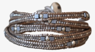 Wrap Bracelet Beaded In Silver, Grey And Gold Tread