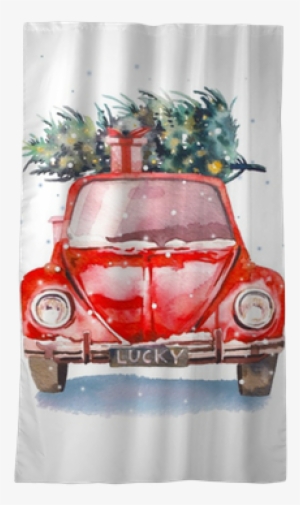 Watercolor Retro Car With Gift Box And Christmas Tree - Watercolor Christmas Tree Png