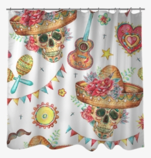 Watercolor Seamless Pattern With Skull In Sombrero - Motif