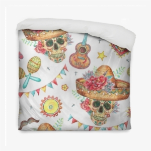 Watercolor Seamless Pattern With Skull In Sombrero - Watercolor Painting