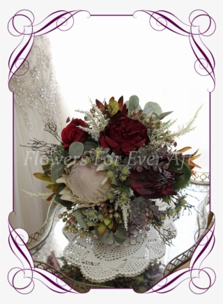 Silk Artificial Ivory And Burgundy Protea And Australian - Peony Rose And Dahlia Bouquet