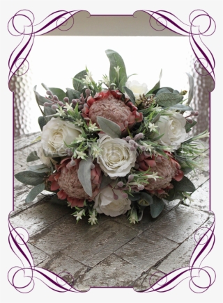Dusty Pink Artificial Protea And Ivory White Silk Rose - Artificial White Roses Bridal Bouquet