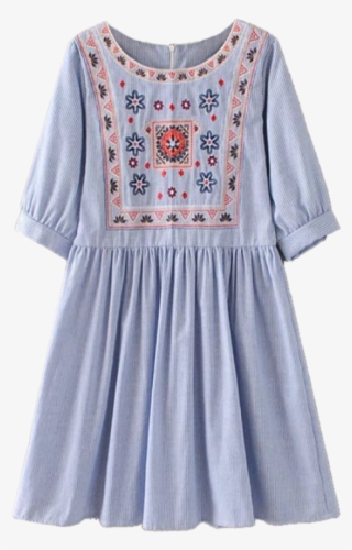 Striped Embroidered Smock Mini Dress - Blue Stripe With White Embroidery