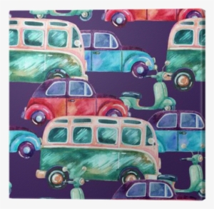 Watercolor Hippie Camper Van, Car And Scooter Canvas - Watercolor Painting