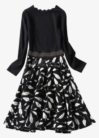 Black Skater Dress Floral Print Pleated Long Sleeve - Day Dress
