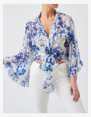 Blue And White Floral Print Sheer Wrap Blouse With - Cardigan