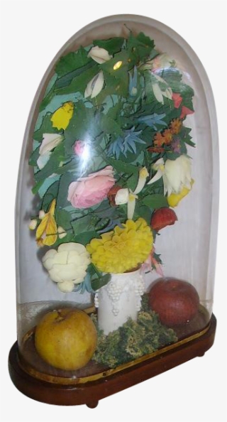 Antique Victorian Oval Glass Dome French Wax Flowers - Flowerpot