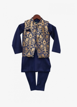 Blue Brocade Nehru Jacket With Kurta & Churidar - Pajamas