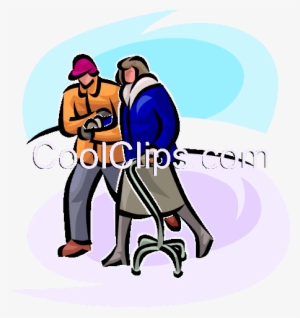 Couple Walking In The Cold With A Walker Royalty Free - Cartoon