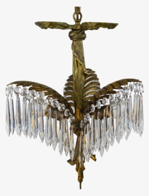 French Bronze Palm Frond Chandelier With Crystal Lanterns - Chandelier
