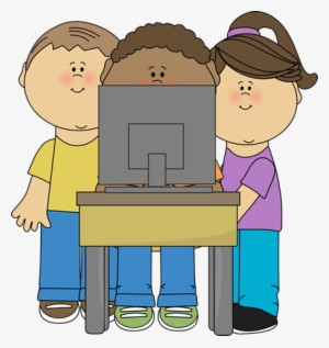 Kids Using School Computer - Computer Class Clip Art