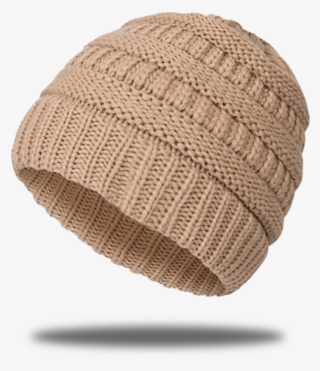 Beige Ponytail Beanie With A Hole On Top - Knit Cap