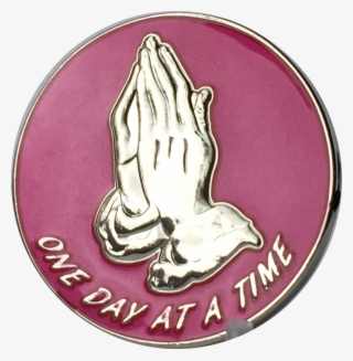 Pink Silver Plated Praying Hands One Day At A Time - Emblem